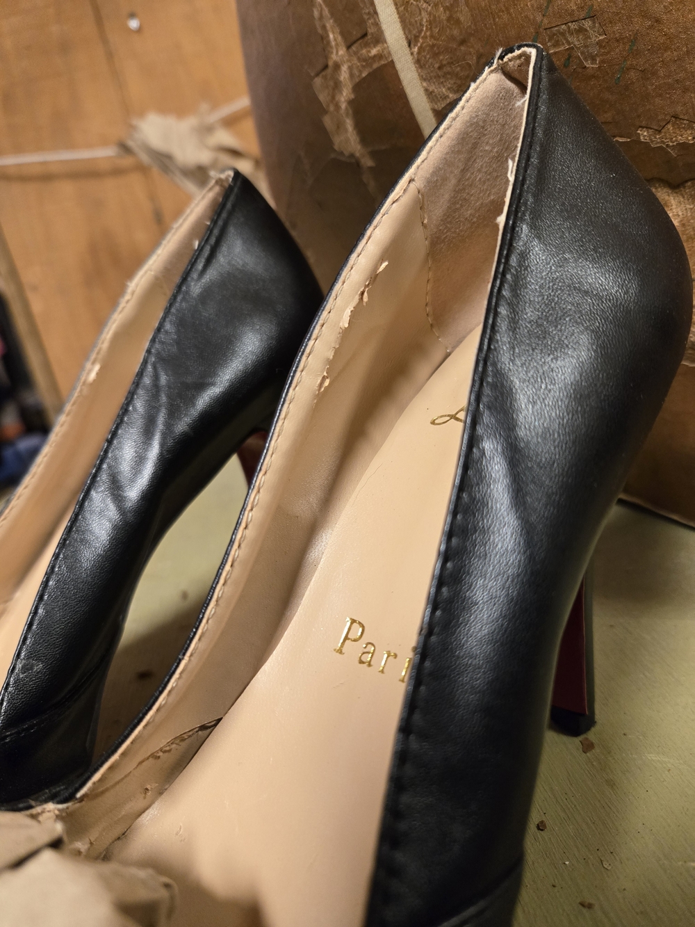 Christian Louboutin Black Leather Peep-Toe Ruched Pumps with Gold Insole - Picture 7 of 11
